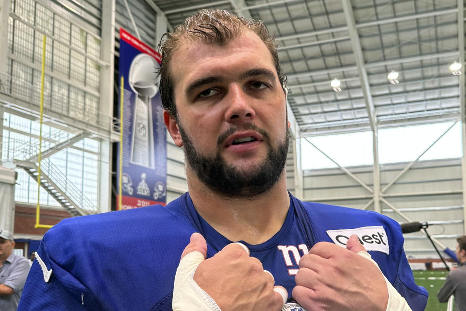 New York Giants offensive lineman Ben Bredeson speaks with reporters after NFL football practice, Wednesday, Aug. 16, 2023, in East Rutherford, N.J. Since the Giants opened training camp in late July, Bredeson has played center, left guard and right guard. (AP Photo/Tom Canavan)