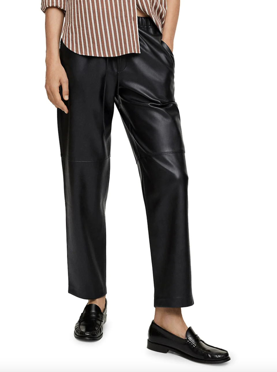 black Mango Leather Effect Drawstring Pants and black loafers and striped shirt