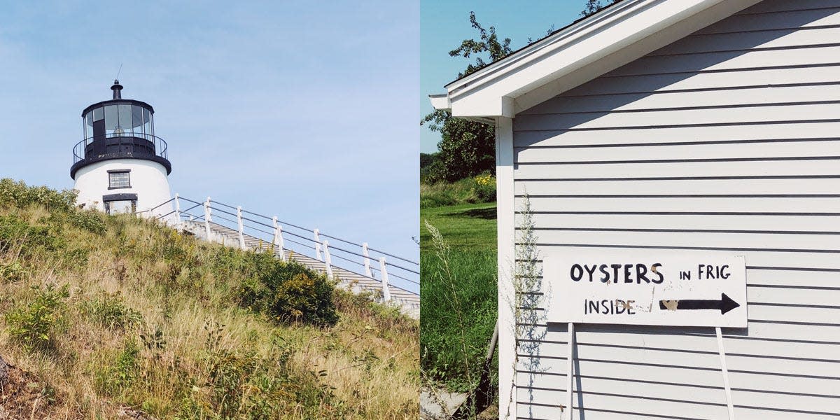 On the left, a black and white lighthouse peaking over the edge of a grassy hill. On the right, an outdoor shot of a white house with a sign that reads "oysters in frig inside".