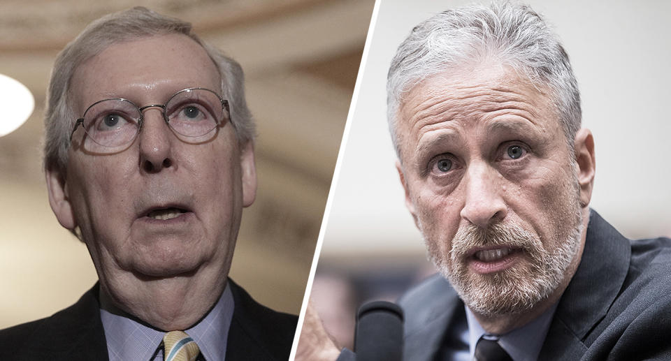 U.S. Senate Majority Leader Mitch McConnell and former "Daily Show" host Jon Stewart. (Photos: Alex Wong/Getty Images, Zach Gibson/Getty Images)