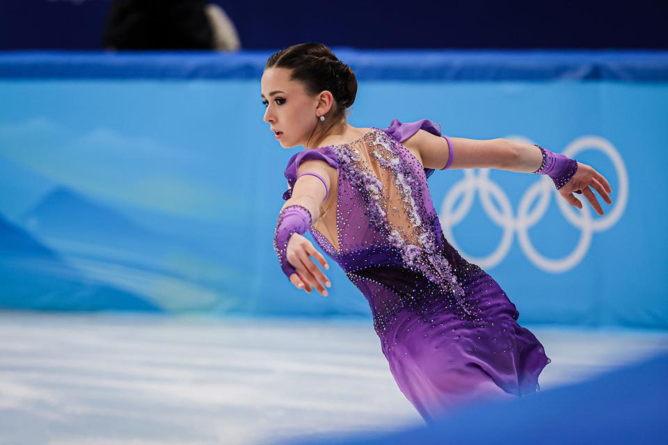 Kamila Valieva of Team Russian Olympic Committee compete in the Women Single Skating Short Program during the Figure Skating Team Event at Capital Indoor Stadium on February 06, 2022 in Beijing, China. (Photo by