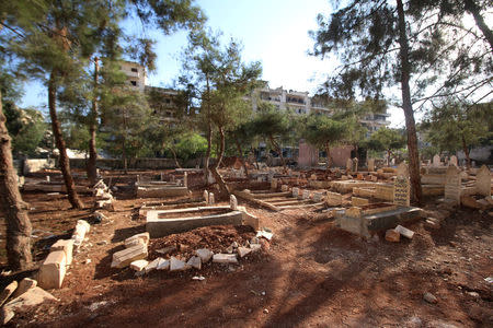 A public garden converted to a graveyard due to overcrowding is pictured in the rebel held Salah al-Din neighbourhood of Aleppo, Syria October 6, 2016. REUTERS/Abdalrhman Ismail