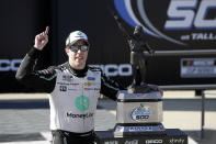 Brad Keselowski (2) celebrates after winning the Geico 500 NASCAR Sprint Cup auto race at Talladega Superspeedway, Sunday, April 25, 2021, in Talladega, Ala. (AP Photo/Butch Dill)