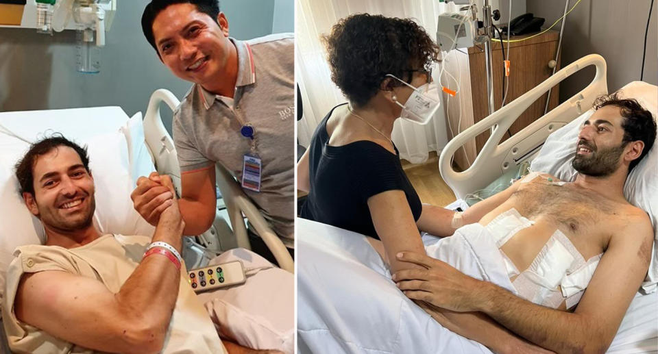 Doctor at BIMC hospital in Nusa Dua with Tey Evans (left), and Tey Evans with mum in hospital (right)