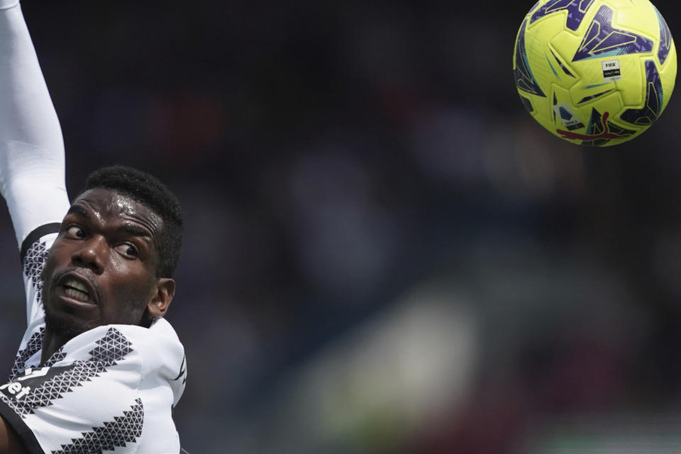 FILE - Juventus' Paul Pogba eyes the ball, during an Italian Serie A soccer match between Atalanta and Juventus, at the Gewiss Stadium, in Bergamo, Italy, May. 7, 2023. Juventus midfielder Paul Pogba has tested positive for testosterone it was reported on Monday, Sept. 11, 2023. Italy’s anti-doping agency announced the positive test. The test was carried out after Juventus’ game at Udinese on Aug. 20. Pogba did not play in the Serie A match but was on Juve’s bench. Nado Italia says Pogba was suspended provisionally with immediate effect. (Spada/LaPresse via AP, File)