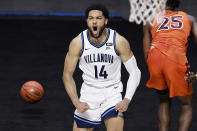 Villanova's Caleb Daniels celebrates during the first half of the team's NCAA college basketball game against Virginia Tech on Saturday against Virginia Tech, Nov. 28, 2020, in Uncasville, Conn. (AP Photo/Jessica Hill)