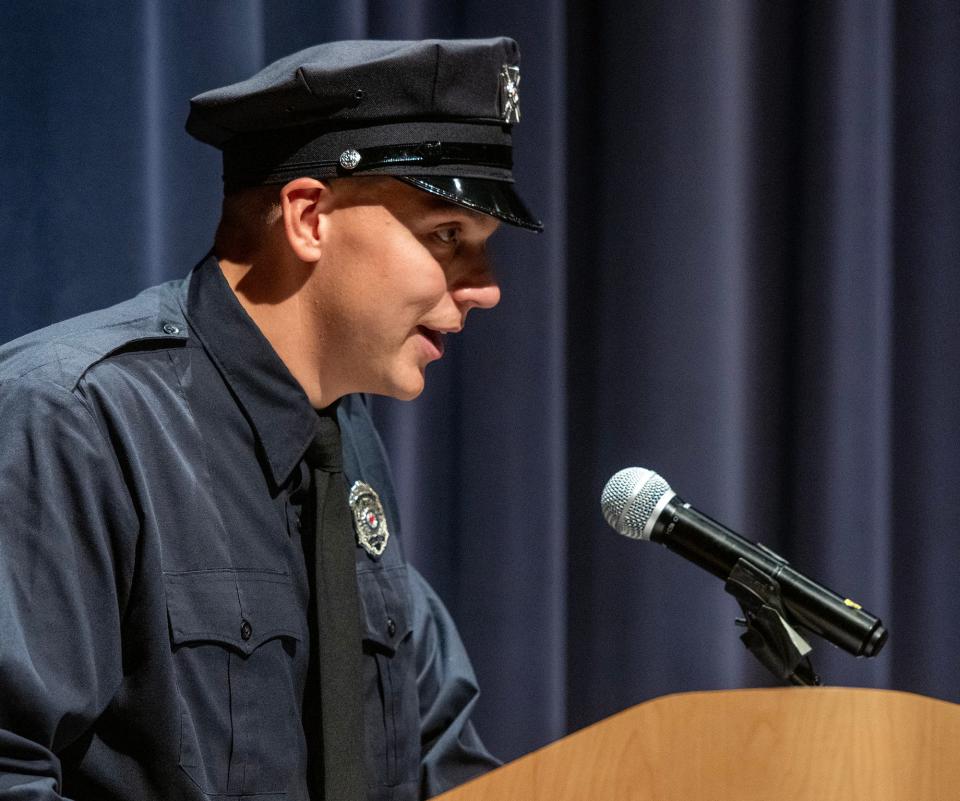 Class spokesperson Kevin Kohl speaks during the Worcester Fire Department recruit class graduation ceremony.