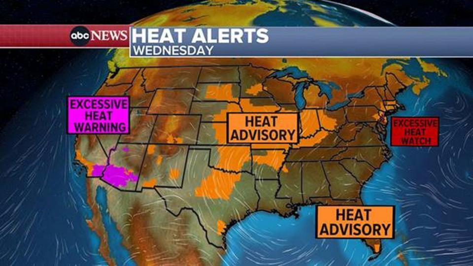 PHOTO: The National Weather Service issued heat alerts that are in effect for 120 million Americans across 27 states, from California to Massachusetts, on July 26, 2023. (ABC News)