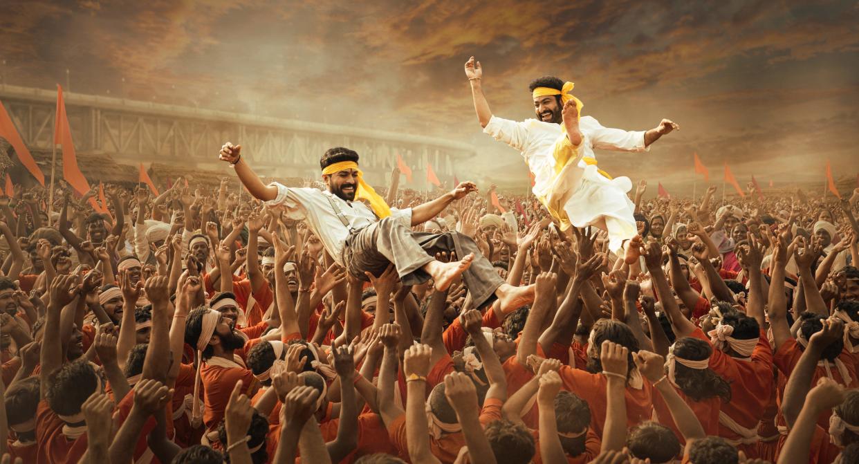 Ram Charan (left) and N.T. Rama Rao Jr. play brothers in arms and revolutionaries in the Indian musical action epic 