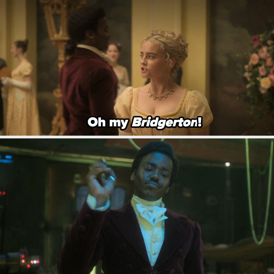 Ruby and the Doctor in Regency clothes, she says, "Oh my Bridgerton"