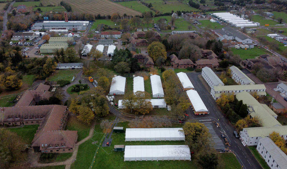 A view of temporary buildings under construction which are used to temporarily house people thought to migrants at the Manston immigration short-term holding facility located at the former Defence Fire Training and Development Centre in Thanet, Kent. Picture date: Friday December 2, 2022. (Photo by Gareth Fuller/PA Images via Getty Images)