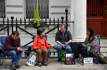 Ratcliffe, the husband of jailed British-Iranian aid worker Nazanin Zaghari-Ratcliffe speaks with supporters as he stages a vigil and goes on hunger strike outside of the Iranian embassy in London