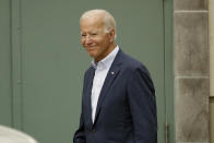 Democratic presidential candidate former Vice President Joe Biden walks outside of Pasadena City College during a campaign stop Thursday, Sept. 26, 2019, in Pasadena, Calif. (AP Photo/Marcio Jose Sanchez)