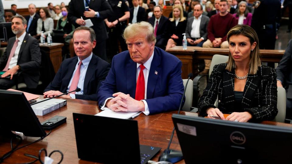 PHOTO: Former President Donald Trump, with lawyers Christopher Kise and Alina Habba, attends the closing arguments in the Trump Organization civil fraud trial at New York State Supreme Court in New York City, Jan. 11, 2024.  (Shannon Stapleton/Pool via AP)