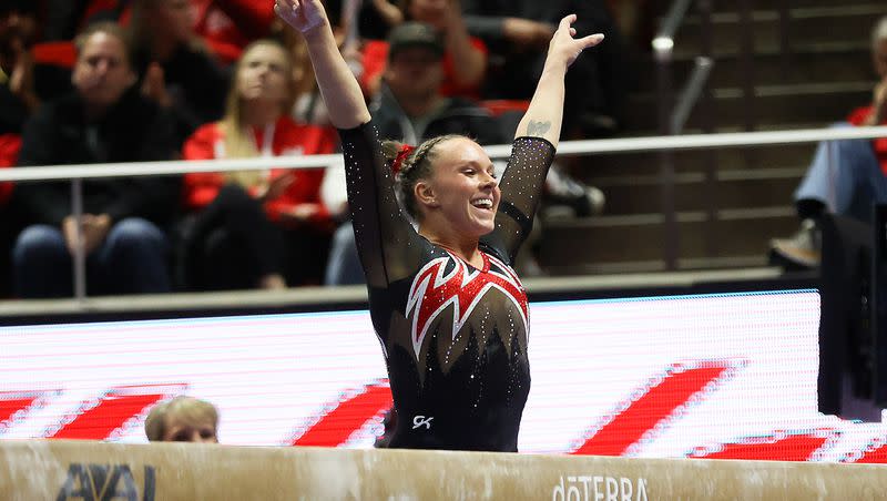 Utah’s Maile O’Keefe looks at her teammates after finishing a perfect 10 beam routine during a gymnastics meet against Boise State at the Huntsman Center in Salt Lake City on Friday, Jan. 5, 2024. The Utah Red Rocks won.