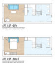 A floor plan of another apartment, this one with a fold-out sleeper couch instead of a Murphy bed.