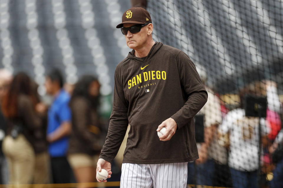 FILE - San Diego Padres third base coach Matt Williams takes part in batting practice prior to a baseball game against the Boston Red Sox, Saturday, May 20, 2023, in San Diego. In an announcement, Friday, Nov. 10, the San Francisco Giants named Williams as their third base coach on new manager Bob Melvin's staff. (AP Photo/Brandon Sloter, File)