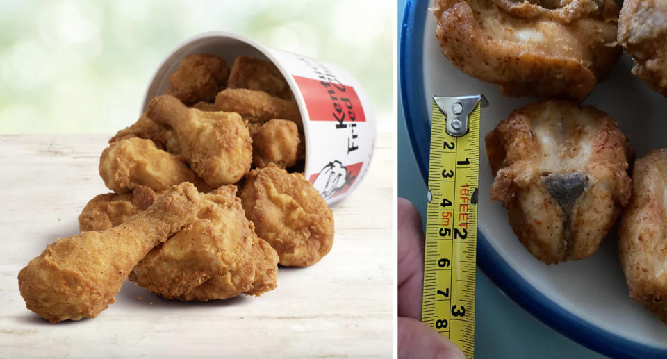 KFC chicken pieces spilling out of bucket; Measuring tape next to small KFC chicken pieces