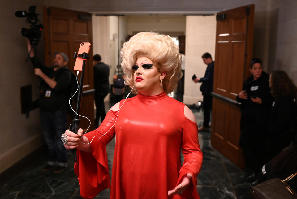 Drag queen Pissi Myles attends the House Intelligence Committee hearing of the impeachment inquiry into U.S. President Donald Trump on Capitol Hill in Washington, D.C., Nov. 13, 2019. (Photo: Joshua Roberts / Reuters)