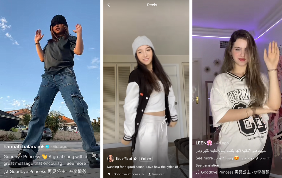 Influencers taking on the #EmpowerHerDance challenge. Photo: @thexhan on TikTok / @jlouofficial on Instagram / @leen_mohd98 on TikTok