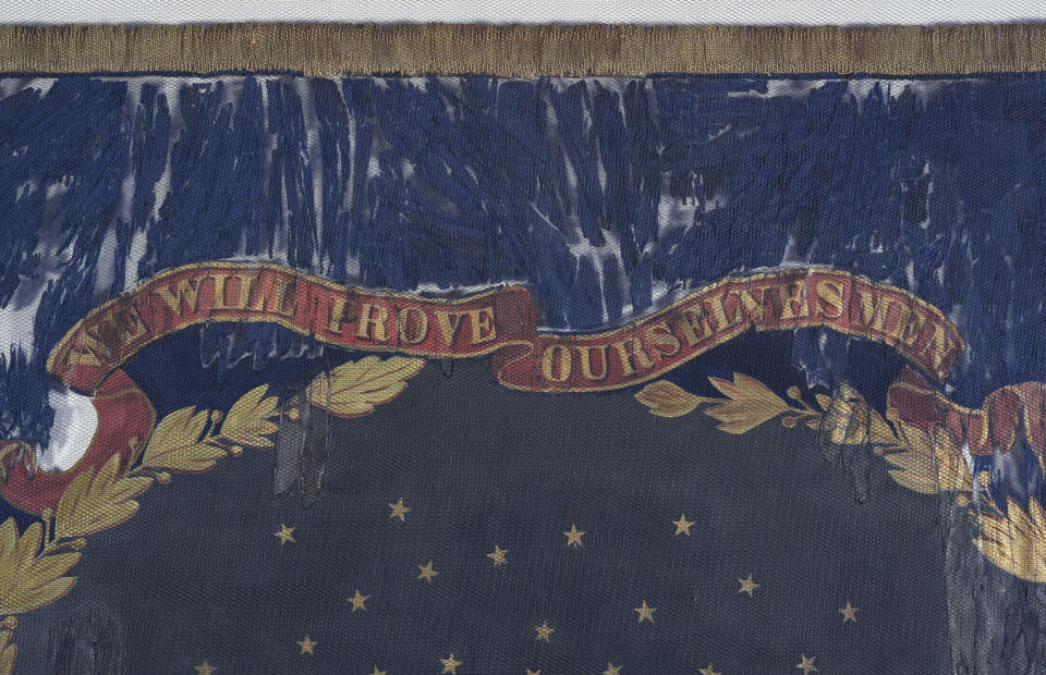 This undated photo provided by Morphy Auctions shows a detail of the 127th Regiment United States Colored Troops battle flag in Denver, Pa. The flag was carried into battle by one of the 11 black Union regiments during the Civil War is going up for auction in Pennsylvania. The flag was painted by David Bustill Bowser, an African American artist who was a member of one of the regiments and the son of a fugitive slave. (Morphy Auctions via AP)