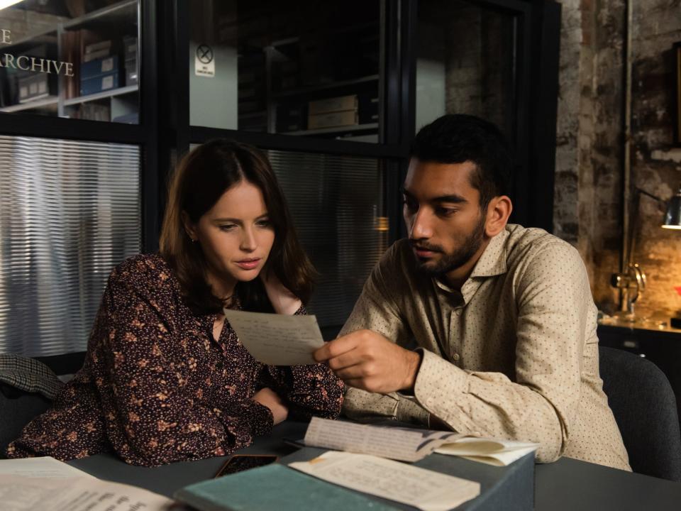 the last letter from your lover felicity jones and  Nabhaan Rizwan reading a letter in the archives