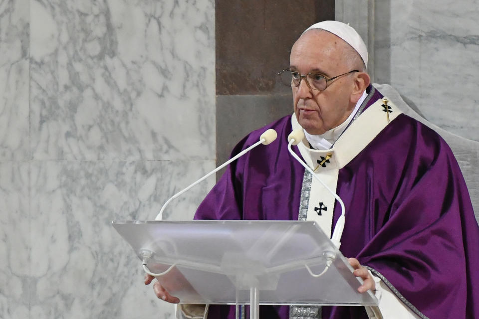 Pope Francis leads the Ash Wednesday mass which opens Lent, the forty-day period of abstinence and deprivation for Christians before Holy Week and Easter, on February 26, 2020, at the Santa Sabina church in Rome. (Photo by Alberto PIZZOLI / AFP) (Photo by ALBERTO PIZZOLI/AFP via Getty Images)