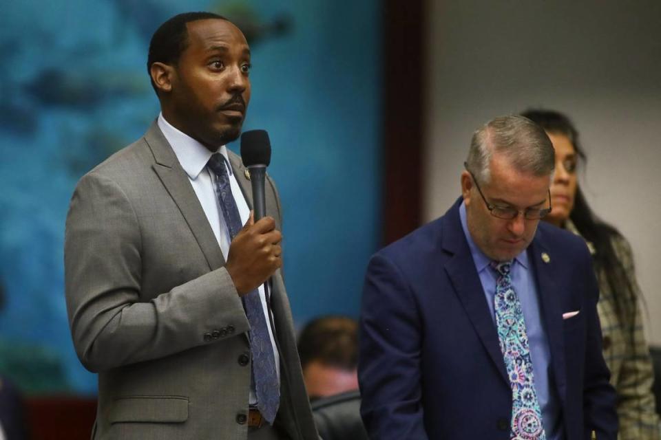 Rep. Ramon Alexander, D-Tallahassee speaks during debate on Senate Bill 2-C: Establishing the Congressional Districts of the State in the House of Representatives Thursday, April 21, 2022 at the Capitol in Tallahassee, Fla. At right is Rep. Matt Willhite, D-Wellington. The session was halted later due to a sit-down protest by a small group of Democrats, but continued after a brief recess, and the bill passed.