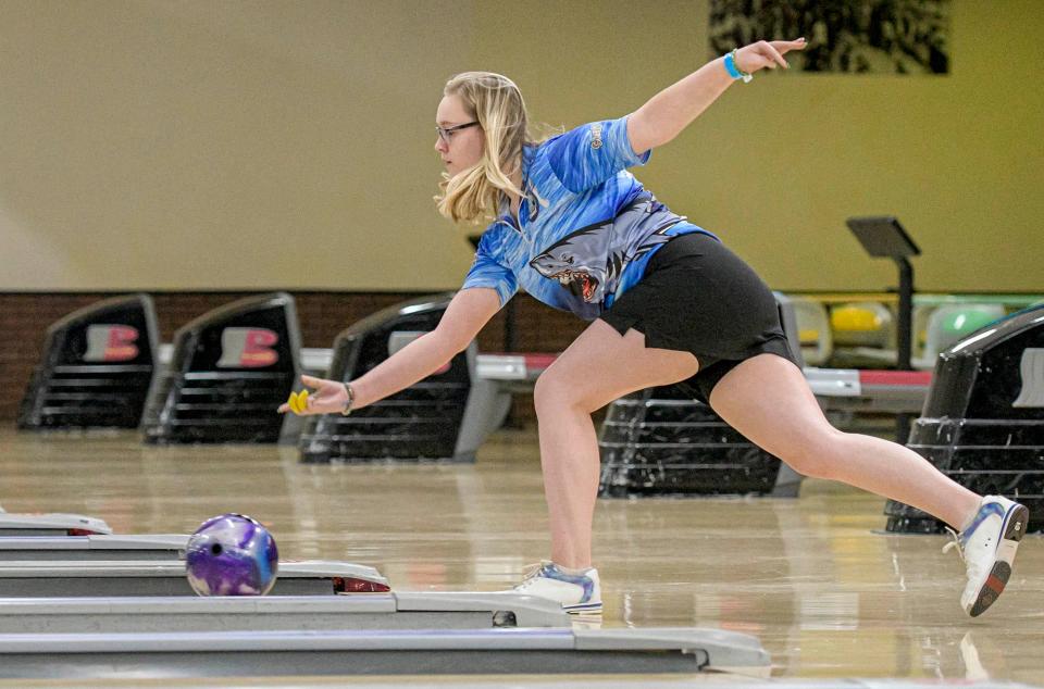 Katarina Hagler rolls for Cape Coral Oasis High School during the state bowling championships at Boardwalk Bowl Entertainment Center in Orlando on Thursday, Nov. 2, 2023. [PAUL RYAN / CORRESPONDENT]