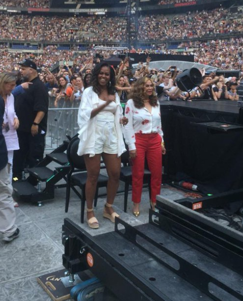 Michelle Obama’s incredible legs caught the attention of multiple fans at a recent Beyoncé and Jay-Z concert. Source: Twitter/BeeBabs