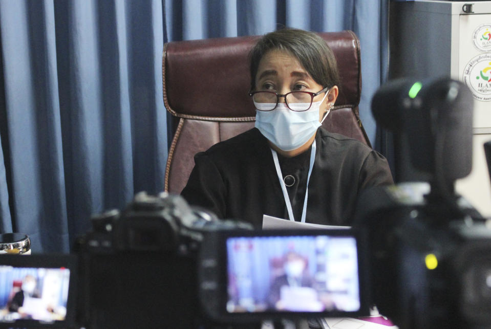 Min Min Soe, a lawyer on the defense team representing deposed Myanmar leader Aung San Suu Kyi, speaks to journalists during a press briefingin Naypyitaw, Myanmar, Tuesday, July 6, 2021.Lawyers for ousted Myanmar leader Aung San Suu Kyi argued strongly against the introduction of prosecution evidence against her on a charge of sedition, saying it did not follow established judicial procedures. Suu Kyi is currently being tried on several charges, with sedition carrying a penalty of up to two years' imprisonment. (AP Photo)