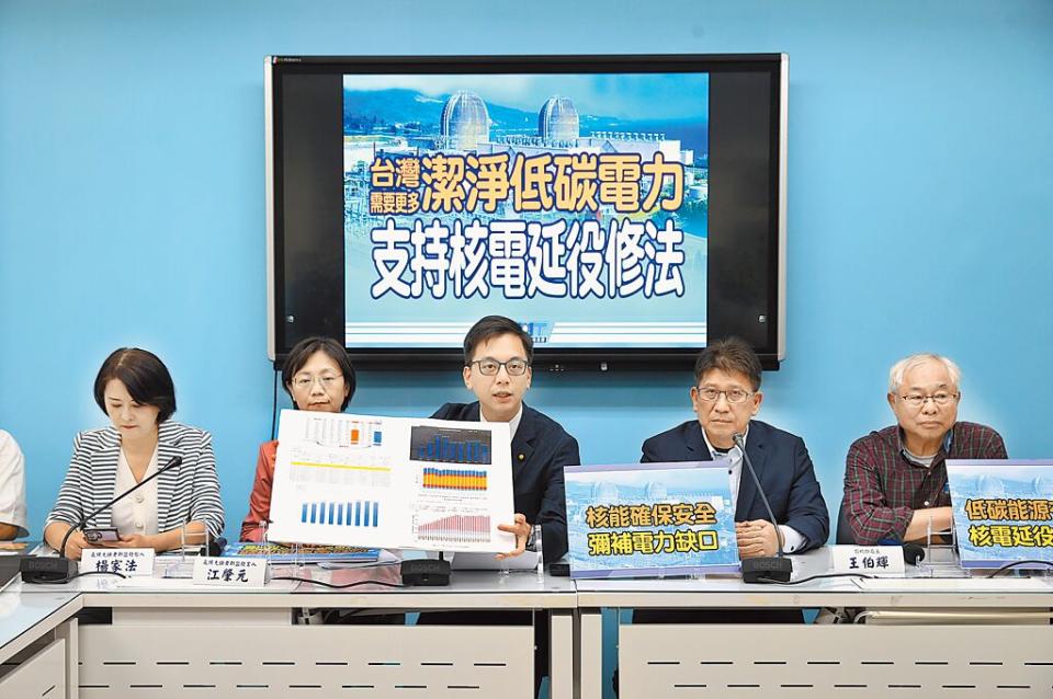 國民黨立法院黨團26日舉行「台灣需要更多潔淨低碳電力，支持核電延役修法」記者會，主張推動核電延役修法。（姚志平攝）