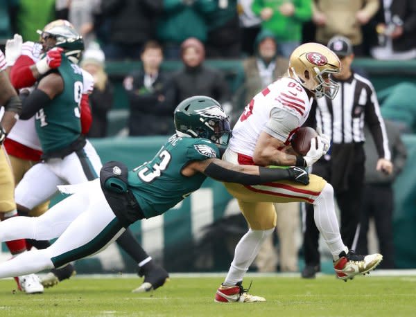 Tight end George Kittle (R) and the San Francisco 49ers will face the Jacksonvilel Jaguars on Sunday in Jacksonville, Fla. File Photo by John Angelillo/UPI