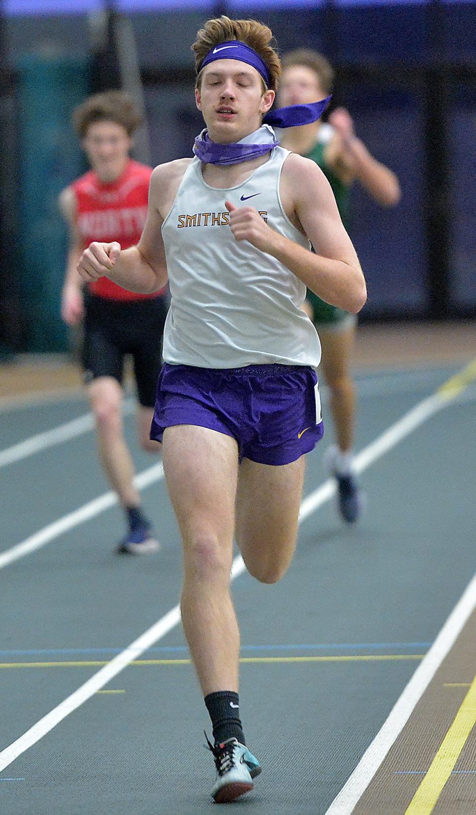 Smithsburg's Cameron Rejonis wins the boys 500 during the Washington County Indoor Track and Field Championships on Friday at Hagerstown Community College.