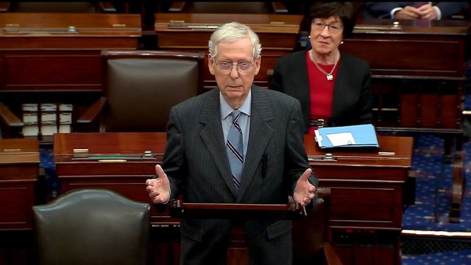 PHOTO: Kentucky's Mitch McConnell, the longest serving Republican Senate leader in history, announces his decision to step down from that position in November in a speech on the Senate floor, in Washington, Feb 28, 2024. (Senate TV)