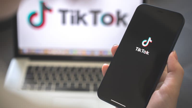 The TikTok logo is displayed on a phone screen and on a computer screen.