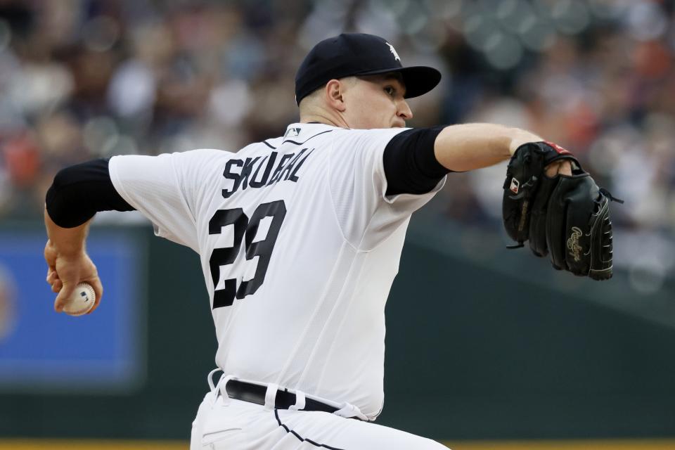 Detroit Tigers' Tarik Skubal pitches against the Chicago White Sox during the second inning of a baseball game Saturday, Sept. 9, 2023, in Detroit. (AP Photo/Duane Burleson)