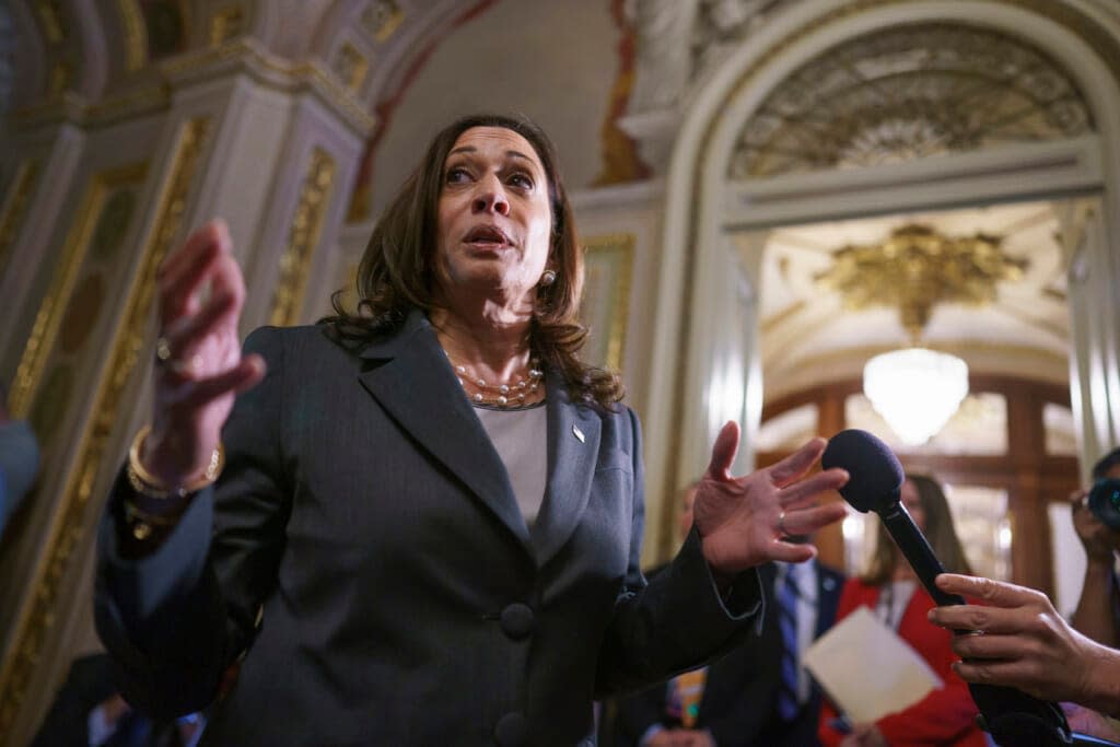 Vice President Kamala Harris speaks to reporters as she leaves the Senate chamber following the procedural vote on the For the People Act, a sweeping bill that would overhaul the election system and voting rights, at the Capitol in Washington, Tuesday, June 22, 2021. (AP Photo/J. Scott Applewhite)