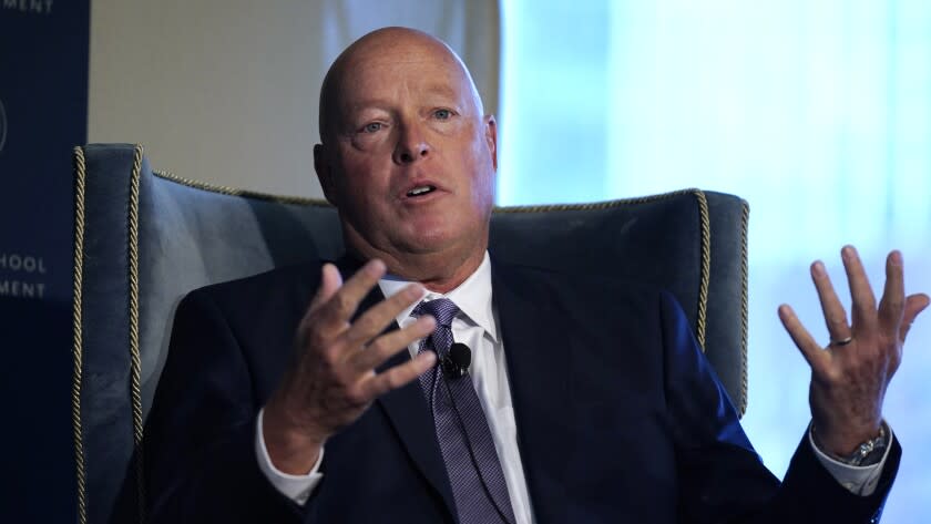 Disney CEO Bob Chapek during an address at the Boston College Chief Executives Club, Monday, Nov. 15, 2021, in Boston. (AP Photo/Charles Krupa)