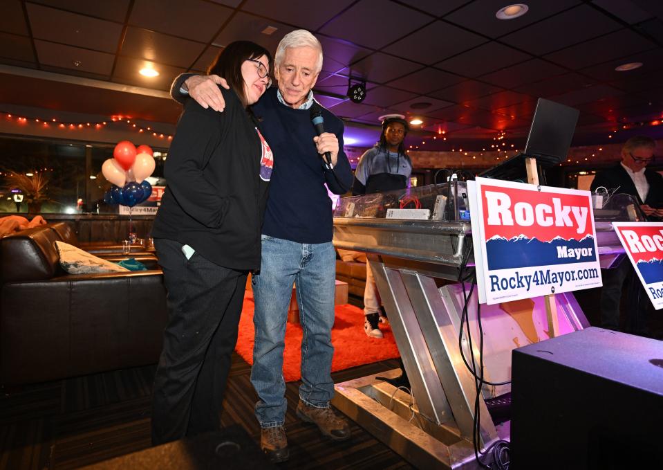 Rocky Anderson hugs his only paid campaign worker Kate Fox at a watch party in Salt Lake City on Tuesday, Nov. 21, 2023. | Scott G Winterton, Deseret News