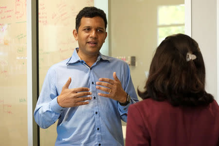 Guru Hariharan, the CEO of startup Boomerang Commerce, discusses business issues with president of finance Jaya Jaware at the company's headquarters in Mountain View, California, U.S. April 21, 2017. REUTERS/Stephen Nellis