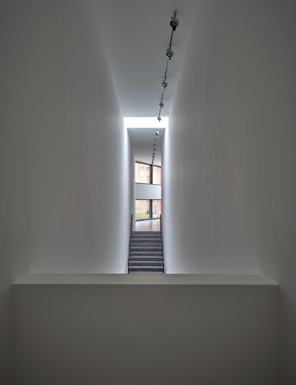 A skylight creates a halo above the main stairwell. The window at the end of the corridor is oriented to provide a vista of Chris Park, a green space dedicated to Linda Pace's late son.