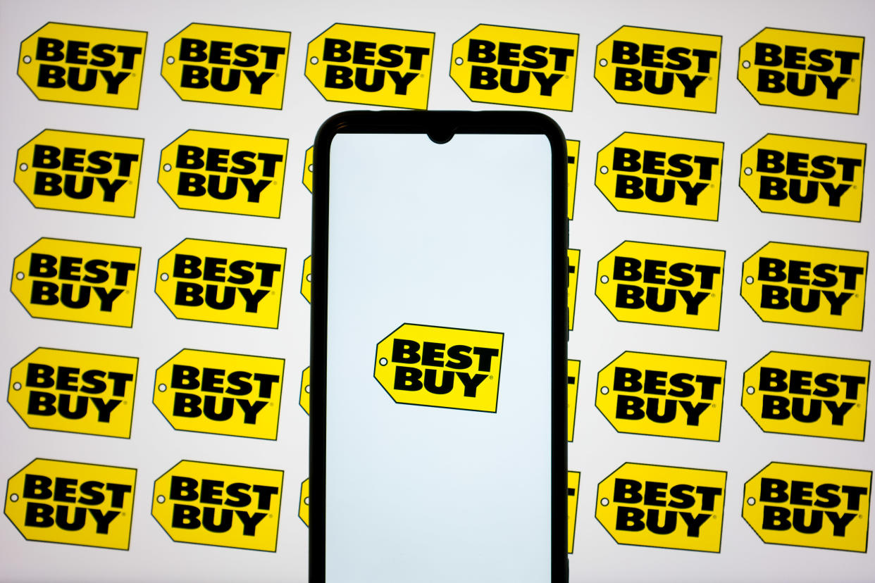 The Best Buy logos are being displayed on a smartphone screen and on a computer screen in Athens, Greece, on May 22, 2024. (Photo by Nikolas Kokovlis/NurPhoto via Getty Images)