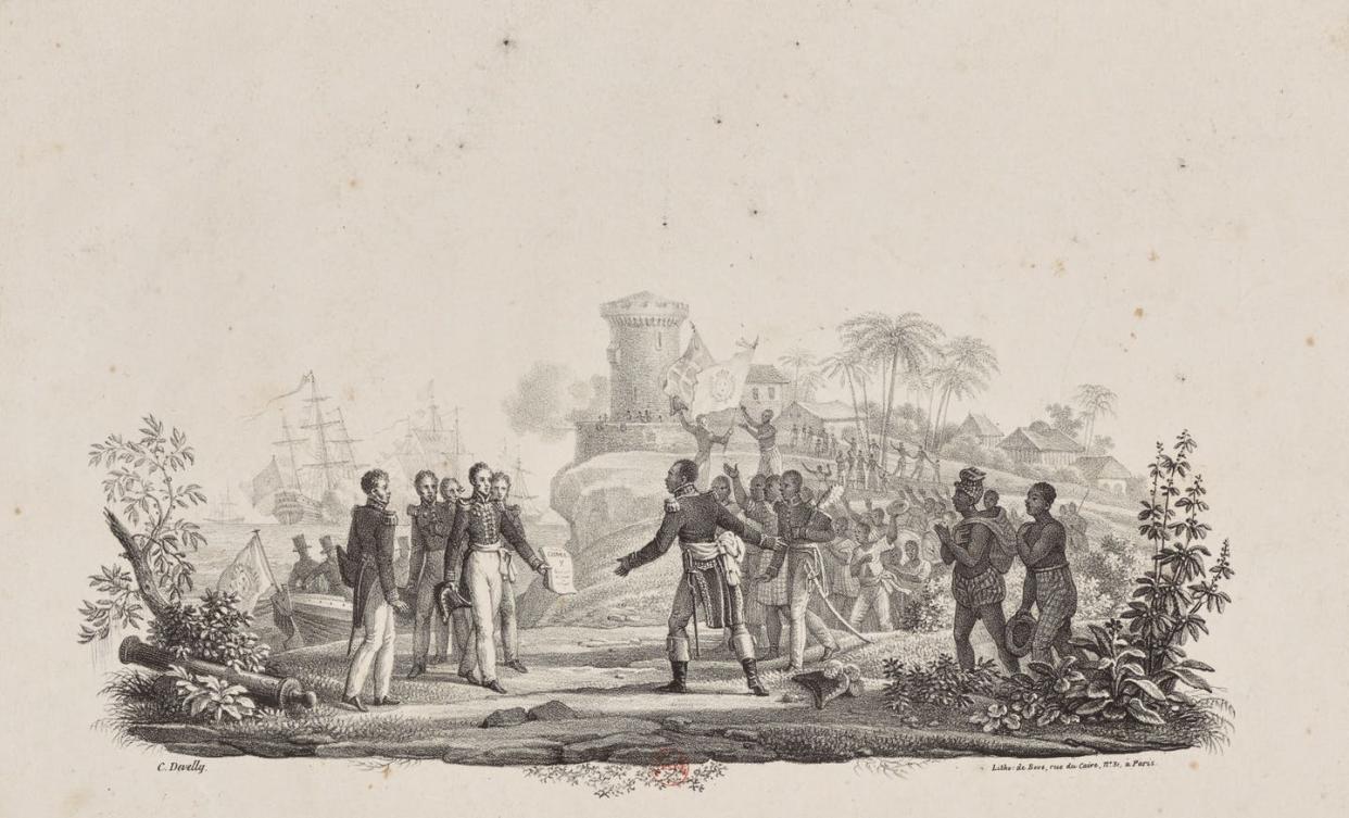 <span class="caption">Haitian President Jean-Pierre Boyer receiving Charles X's decree recognizing Haitian independence on July 11, 1825.</span> <span class="attribution"><a class="link " href="https://images.bnf.fr/#/detail/854727/23" rel="nofollow noopener" target="_blank" data-ylk="slk:Bibliotheque Nationale de France;elm:context_link;itc:0;sec:content-canvas">Bibliotheque Nationale de France</a></span>