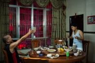 Huang Wensi and her father argue over family matters during a dinner at home in Lianjiang, Guangdong province, China, June 30, 2018. REUTERS/Yue Wu