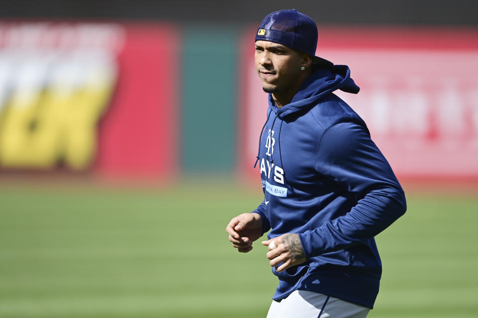 Tampa Bay Rays shortstop Wander Franco is shown during workouts the day before their wild card baseball playoff game against the Cleveland Guardians, Thursday, Oct. 6, 2022, in Cleveland. (AP Photo/David Dermer)