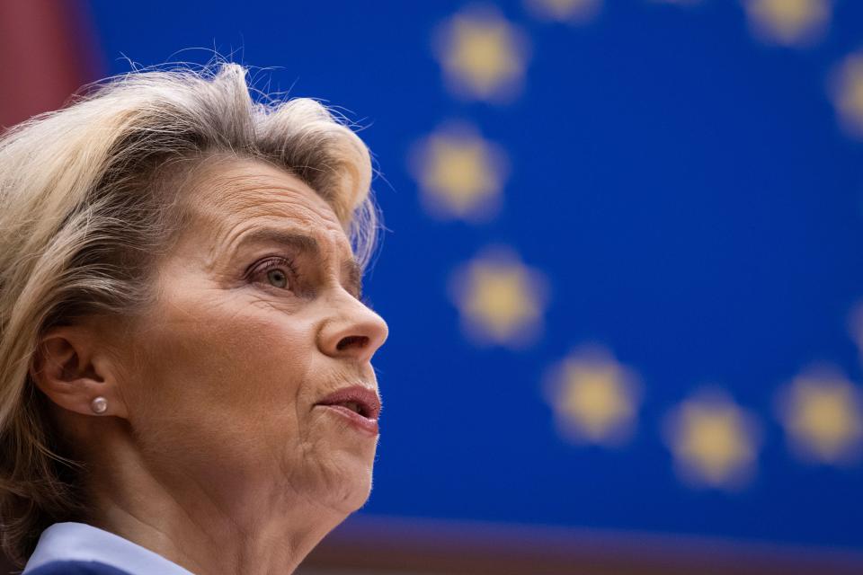 President of Commission Ursula von der Leyen delivers a speech, on the conclusions of "Rule of Law Conditionality and Own Resources", at European Parliament, in Brussels, on December 16, 2020. (Photo by JOHN THYS / POOL / AFP) (Photo by JOHN THYS/POOL/AFP via Getty Images)