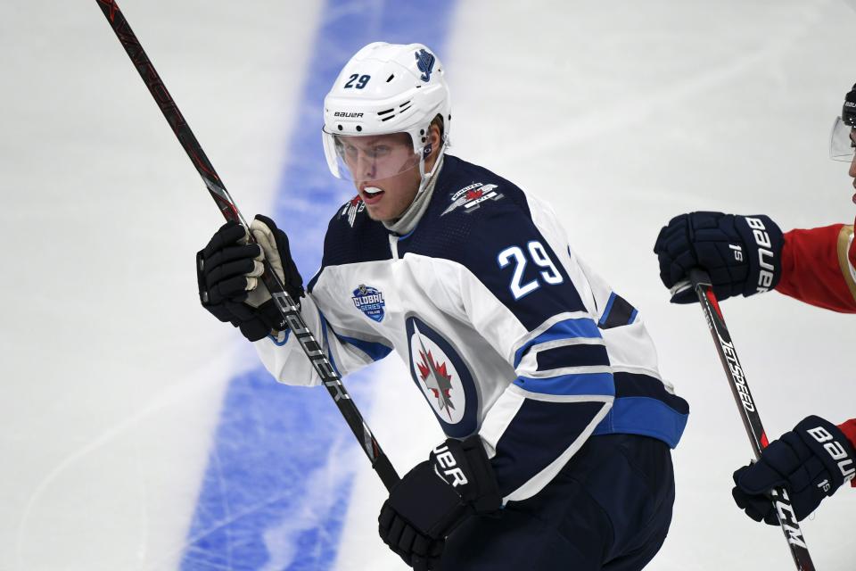 Patrik Laine of Winnipeg Jets during NHL Global Series Challenge ice hockey match between Florida Panthers vs. Winnipeg Jets in Helsinki, Finland on Thursday, November 1, 2018. (Martti Kainulainen/Lehtikuva via AP)