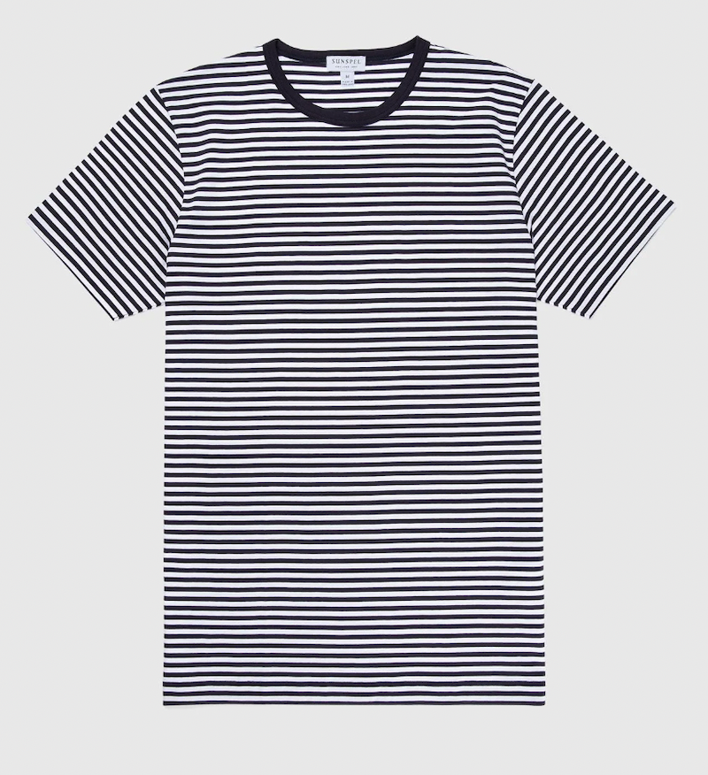 <p><a href="https://go.redirectingat.com?id=74968X1596630&url=https%3A%2F%2Fus.sunspel.com%2Fproducts%2Fmens-long-staple-cotton-t-shirt-english-stripe-navy-white-jmtsh0001es-staa%3Fvariant%3D40594527518772%26currency%3DUSD%26gad_source%3D1%26gclid%3DCj0KCQjwqpSwBhClARIsADlZ_TnYk8Ekn1faJiBcenQald83gXc7zY_m0khmxAUnJNtjEuRkS5cx8s8aAnESEALw_wcB&sref=https%3A%2F%2Fwww.esquire.com%2Fstyle%2Fmens-fashion%2Fg60329721%2Fbest-striped-shirts-for-men%2F" rel="nofollow noopener" target="_blank" data-ylk="slk:Shop Now;elm:context_link;itc:0;sec:content-canvas" class="link rapid-noclick-resp">Shop Now</a></p><p>Classic T‑Shirt</p><p>sunspel.com</p><p>$95.00</p>