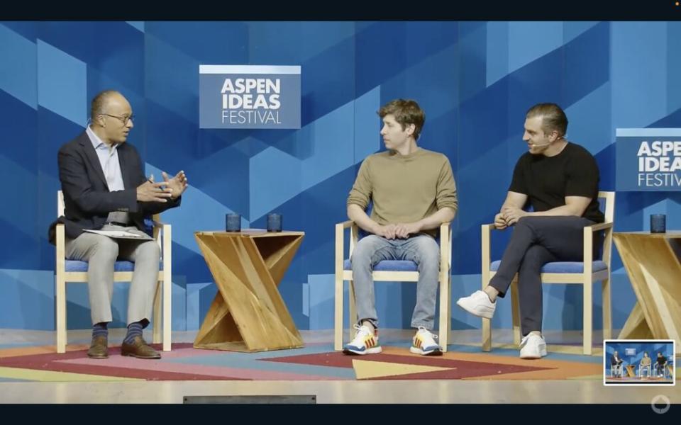 (From left) NBC's Lester Holt interview OpenAI CEO Sam Altman and Airbnb CEO Brian Chesky at the Aspen Ideas Festival on June 26, 2024. YouTube/Skift